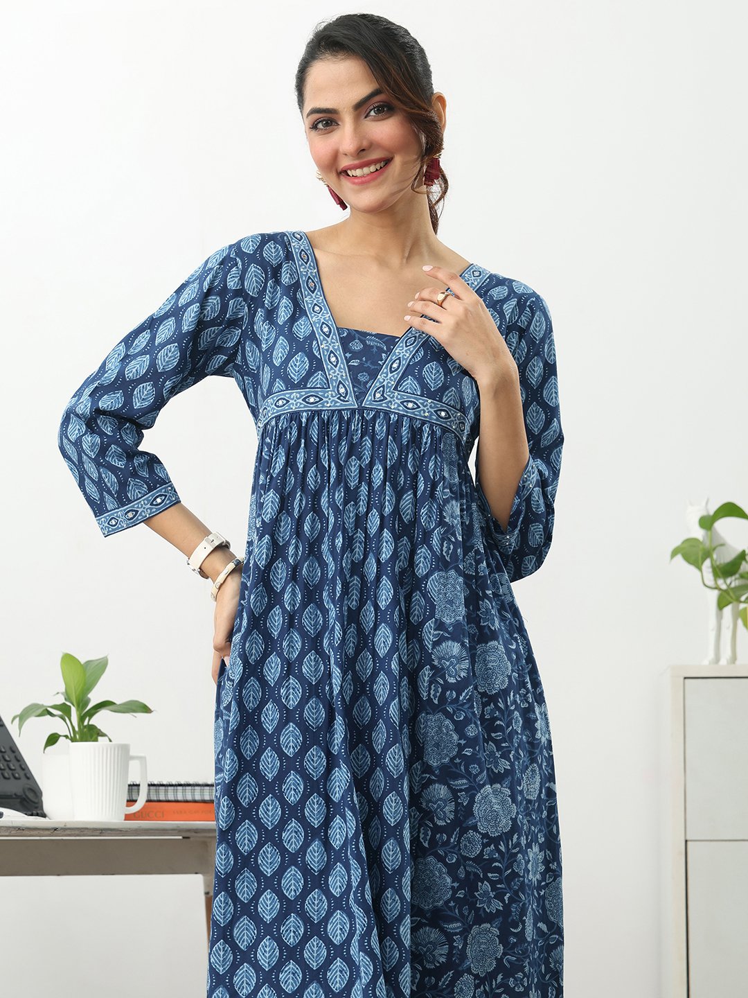 Blue Printed Cotton Blend Straight Kurta with Trousers Set
