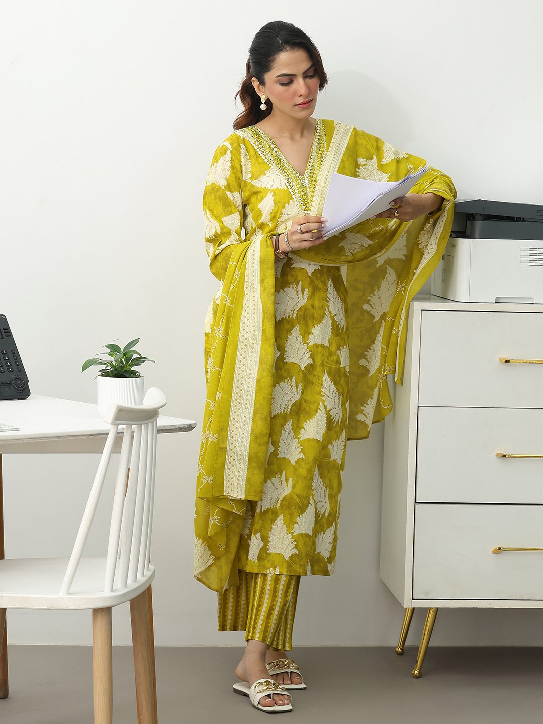 Green Printed Cotton Blend Straight Kurta with Trousers and Dupatta Set