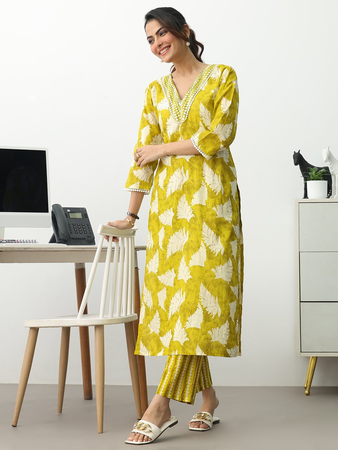 Green Printed Cotton Blend Straight Kurta with Trousers and Dupatta Set