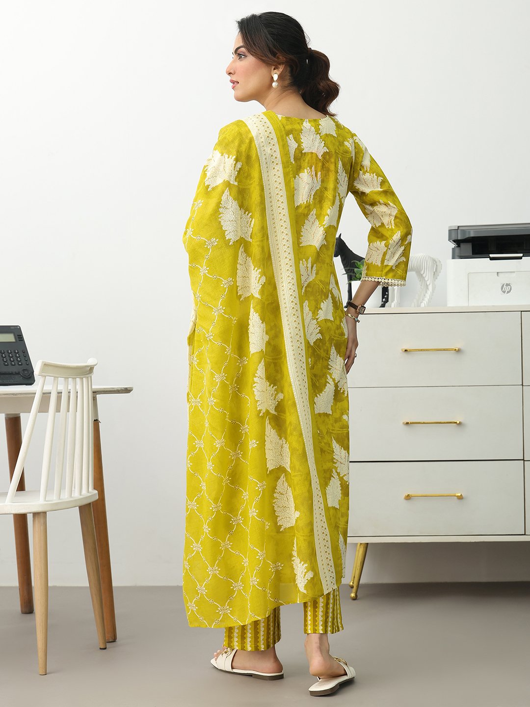 Green Printed Cotton Blend Straight Kurta with Trousers and Dupatta Set