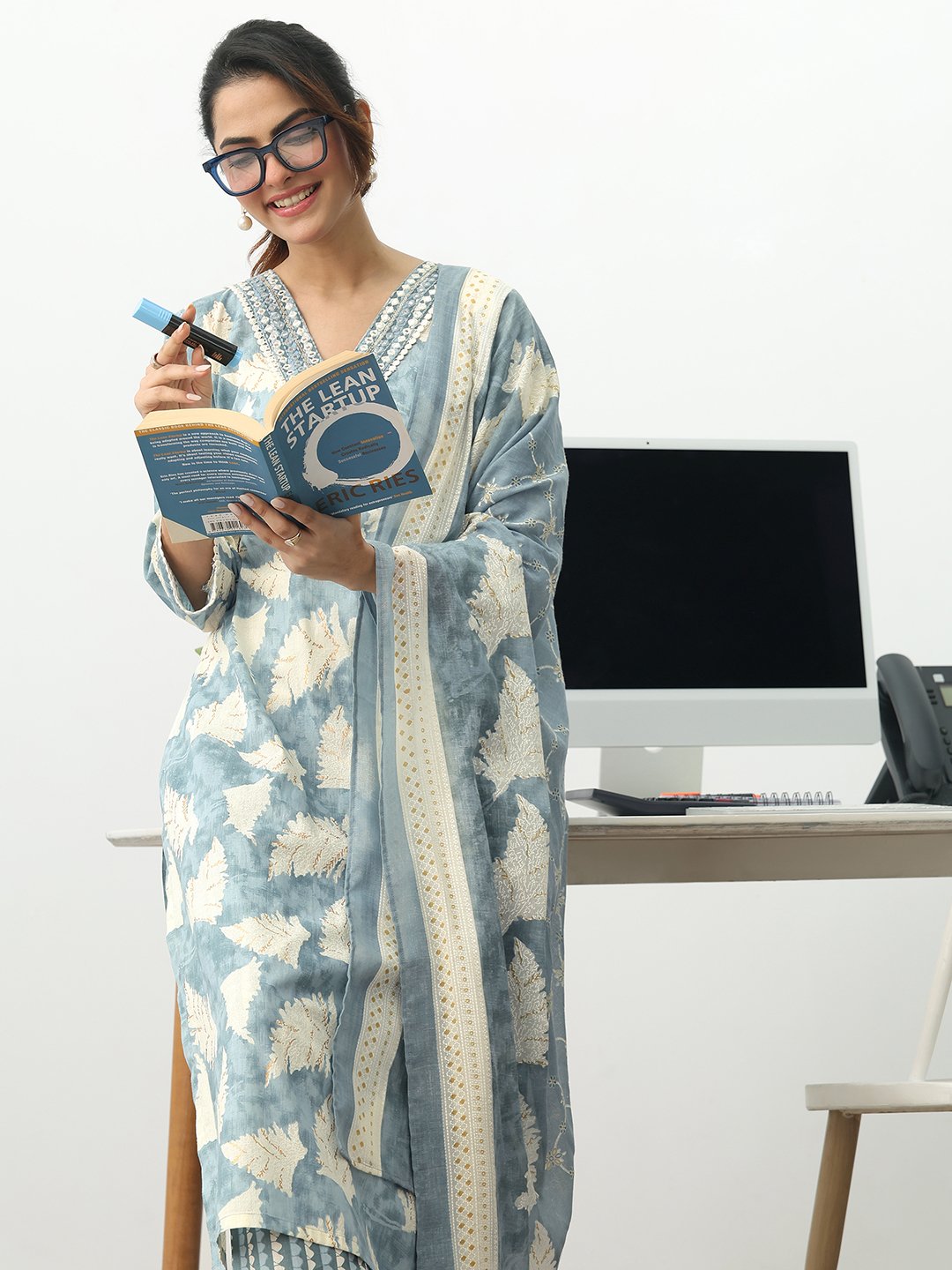 Grey Printed Cotton Blend Straight Kurta with Trousers and Dupatta Set