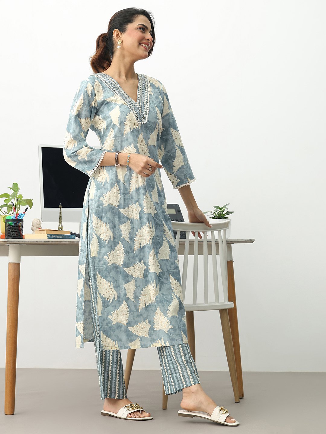 Grey Printed Cotton Blend Straight Kurta with Trousers and Dupatta Set