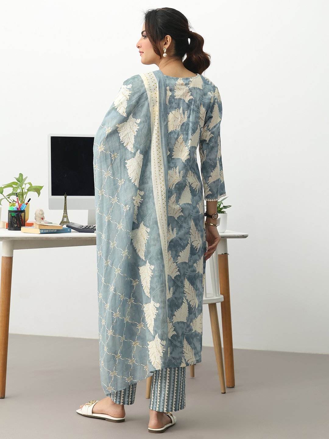 Grey Printed Cotton Blend Straight Kurta with Trousers and Dupatta Set