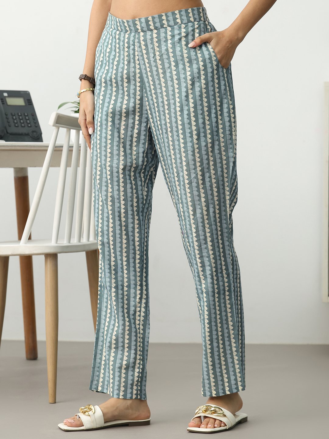 Grey Printed Cotton Blend Straight Kurta with Trousers and Dupatta Set