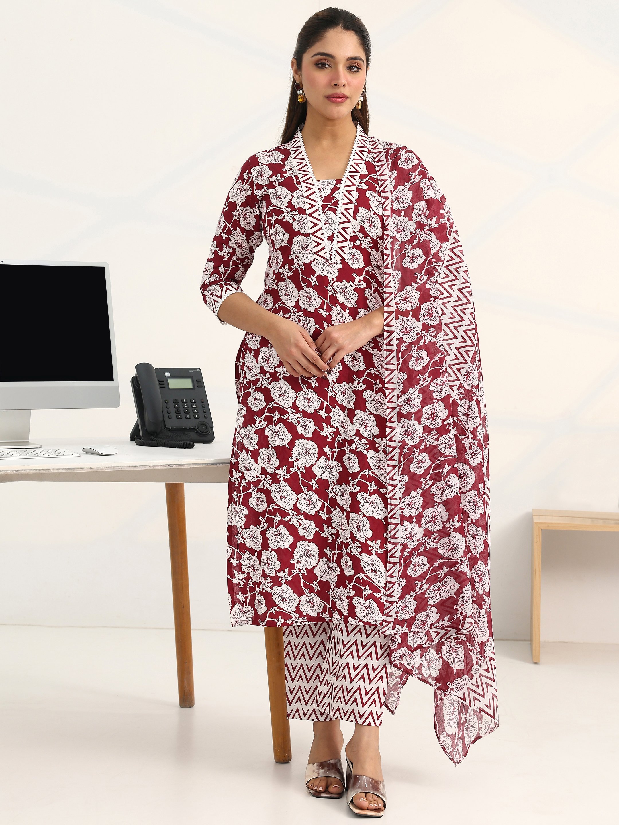 Maroon Printed Cotton Blend Straight Kurta with Trousers and Dupatta Set