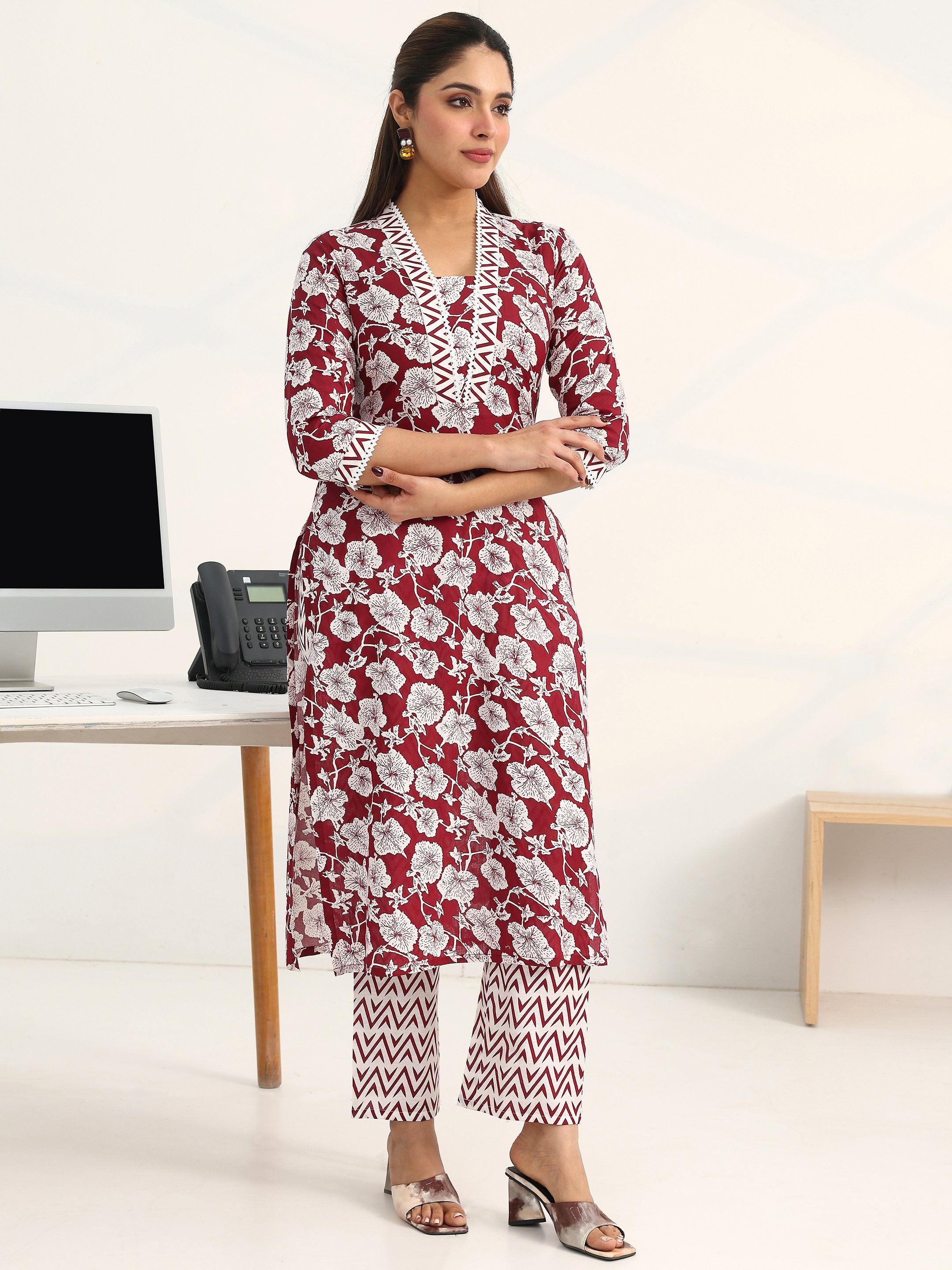 Maroon Printed Cotton Blend Straight Kurta with Trousers and Dupatta Set