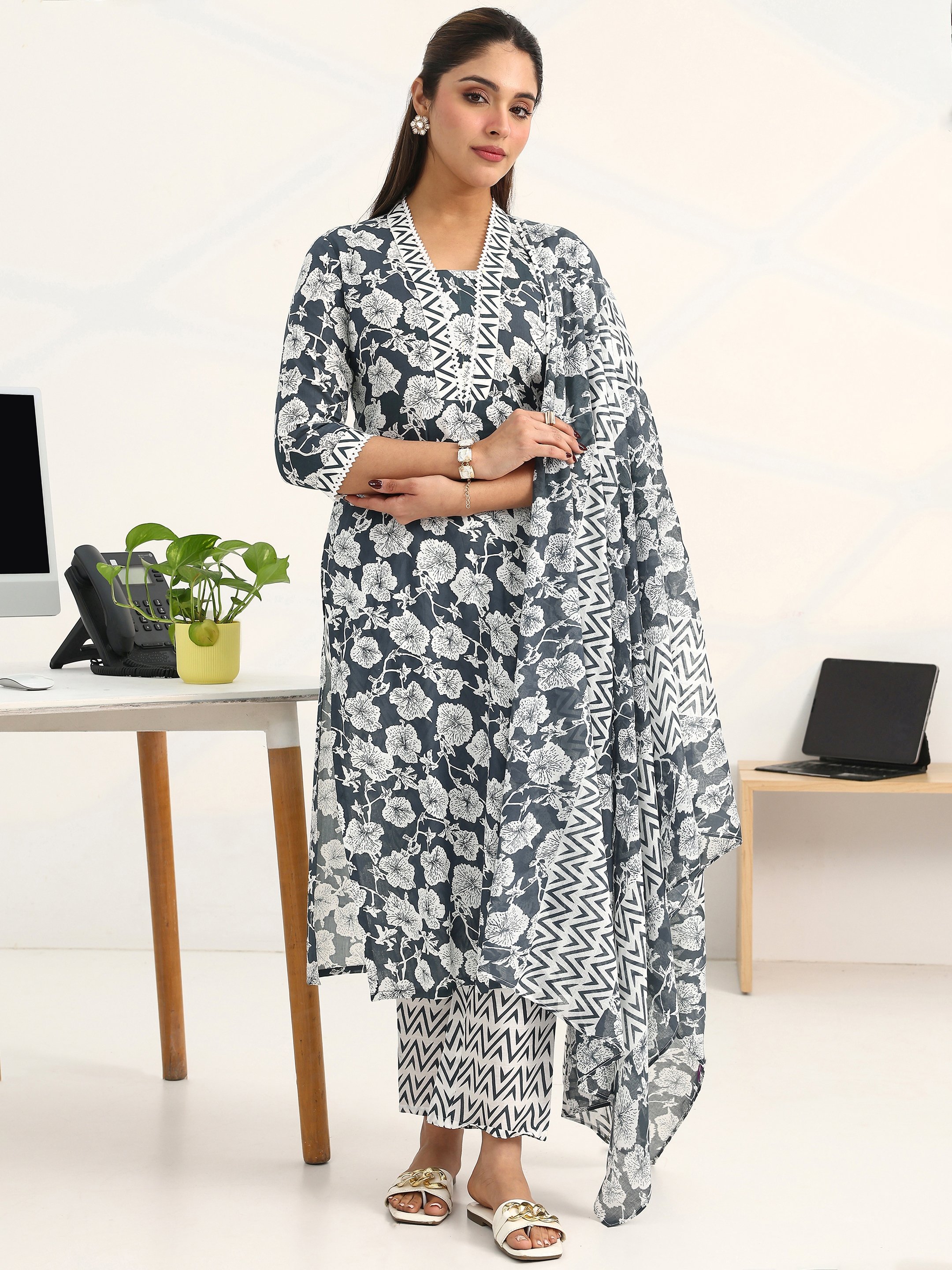 Grey Printed Cotton Blend Straight Kurta with Trousers and Dupatta Set