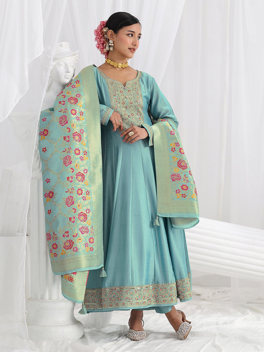 Blue Embroidered Silk Blend A-Line Kurta with Trousers and Dupatta Set