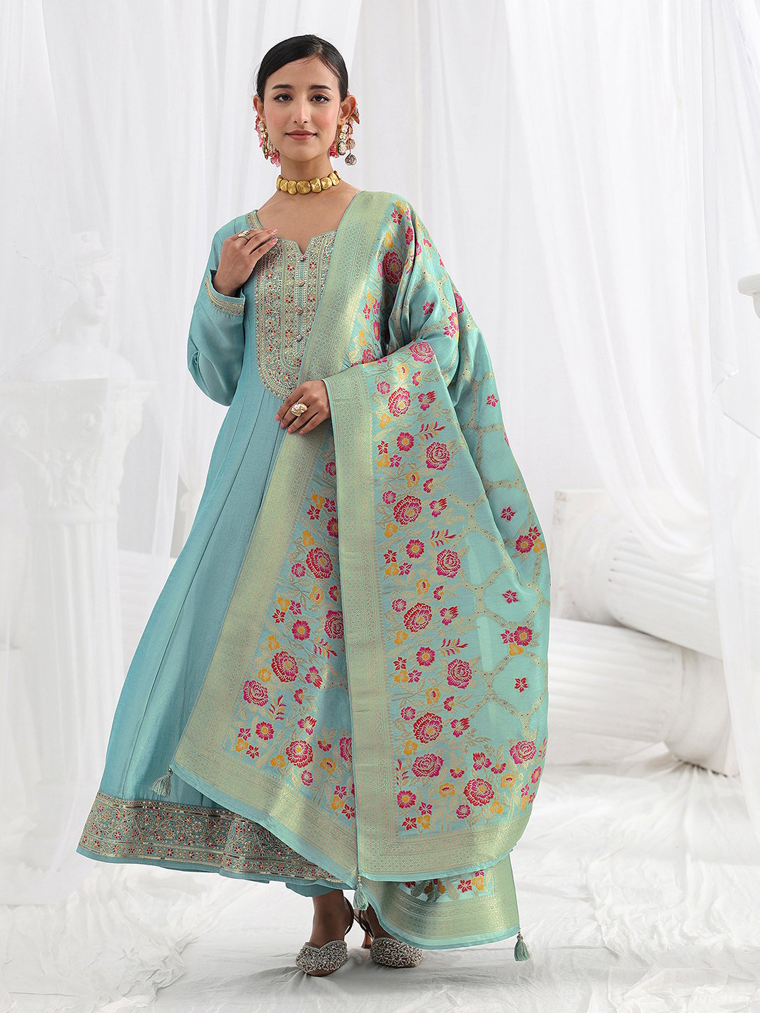 Blue Embroidered Silk Blend A-Line Kurta with Trousers and Dupatta Set