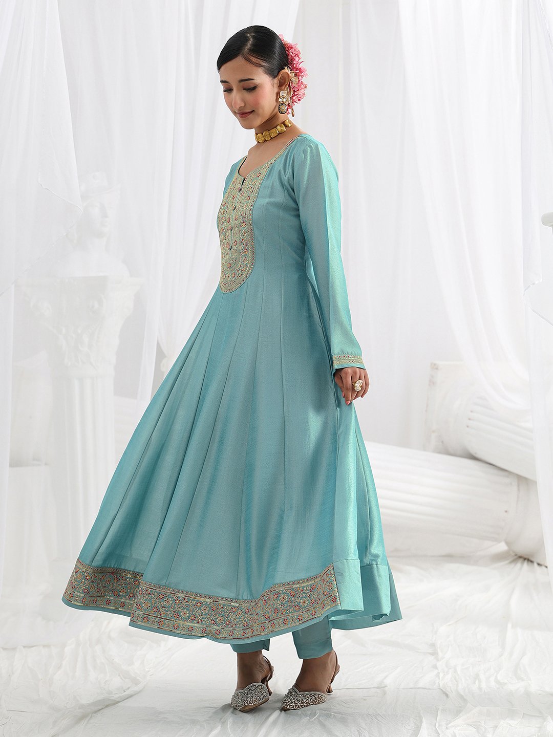 Blue Embroidered Silk Blend A-Line Kurta with Trousers and Dupatta Set