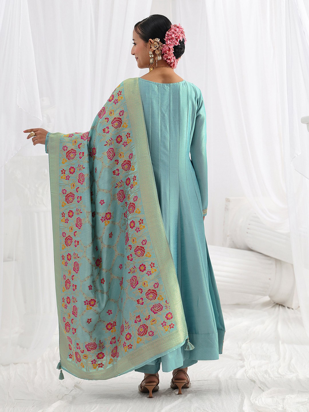 Blue Embroidered Silk Blend A-Line Kurta with Trousers and Dupatta Set