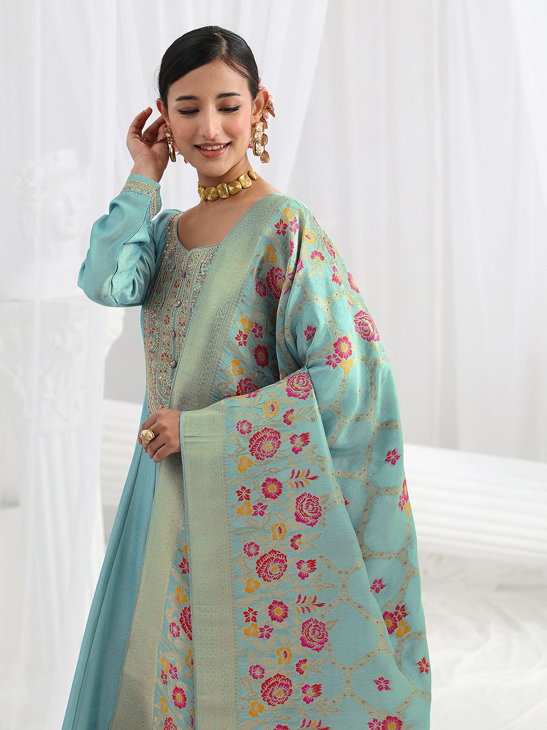 Blue Embroidered Silk Blend A-Line Kurta with Trousers and Dupatta Set