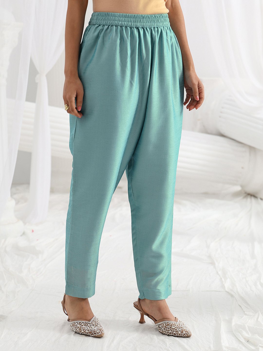 Blue Embroidered Silk Blend A-Line Kurta with Trousers and Dupatta Set