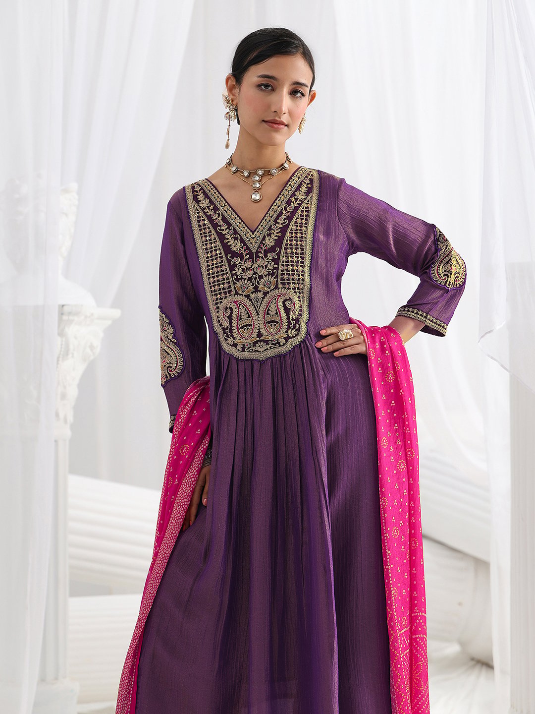 Purple Embroidered Silk Blend A-Line Kurta with Trousers and Dupatta Set