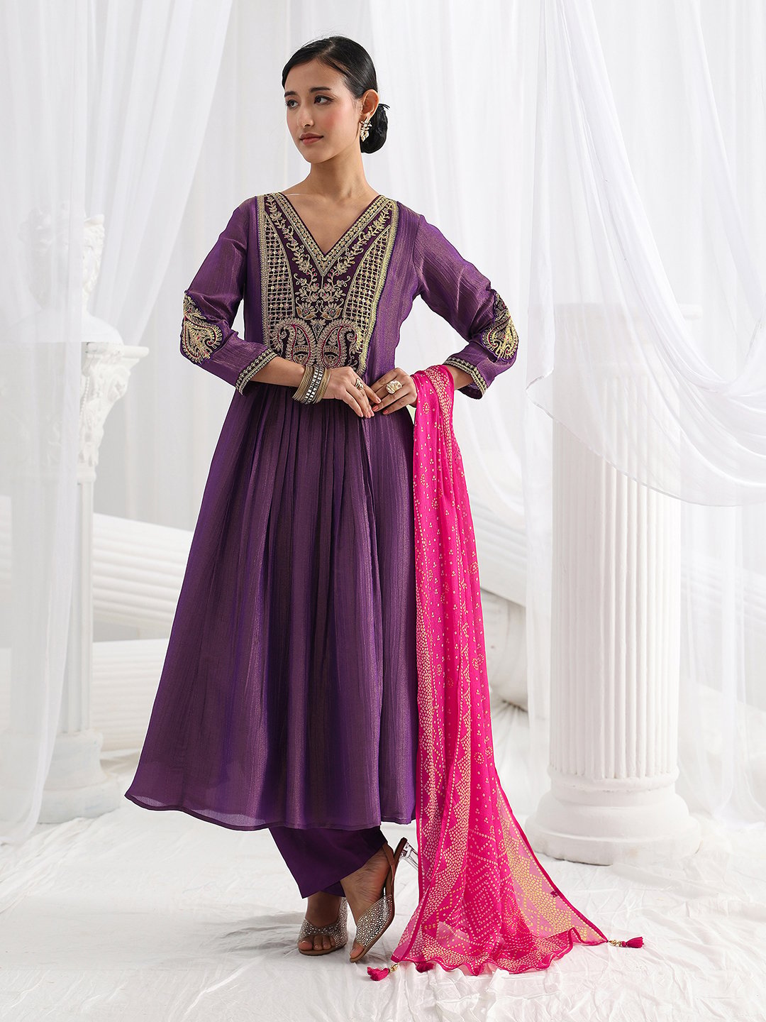 Purple Embroidered Silk Blend A-Line Kurta with Trousers and Dupatta Set