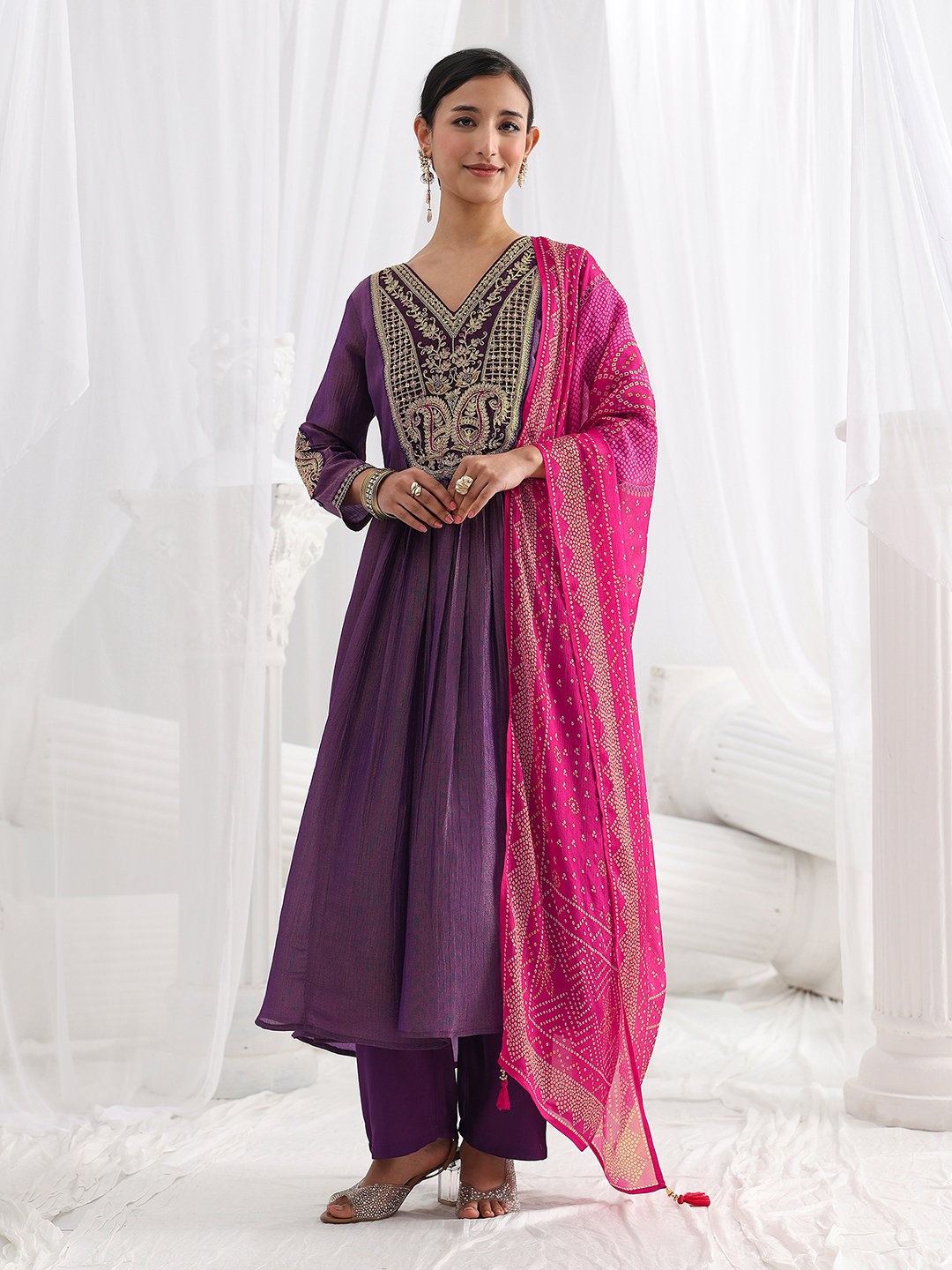 Purple Embroidered Silk Blend A-Line Kurta with Trousers and Dupatta Set