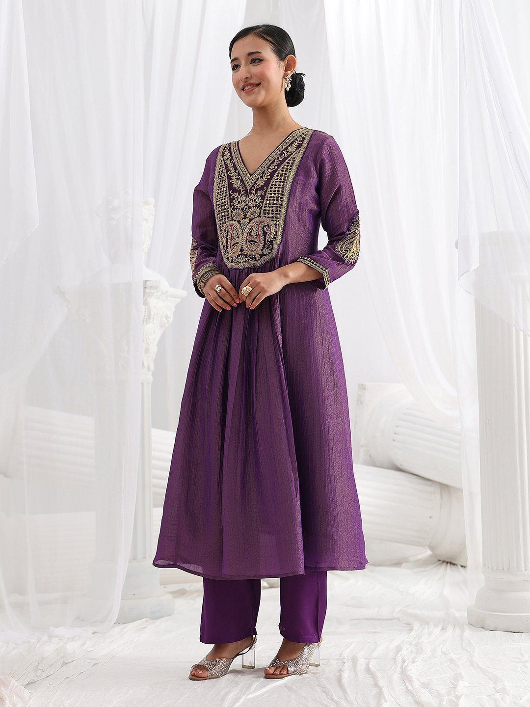 Purple Embroidered Silk Blend A-Line Kurta with Trousers and Dupatta Set