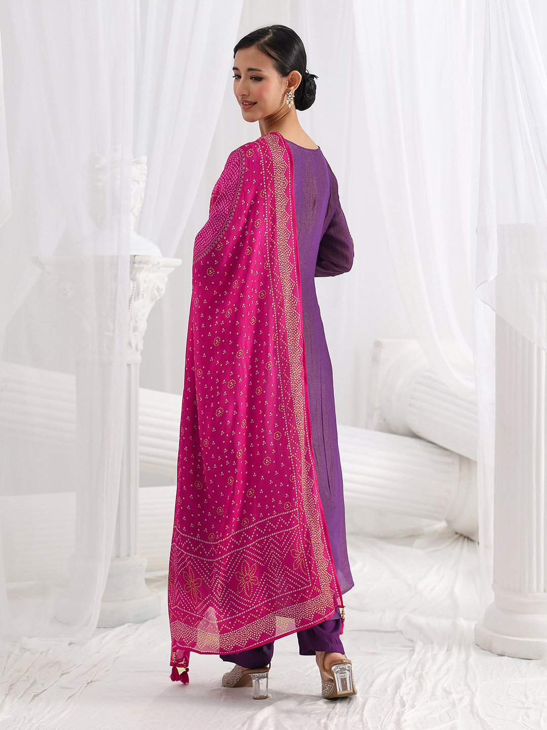 Purple Embroidered Silk Blend A-Line Kurta with Trousers and Dupatta Set