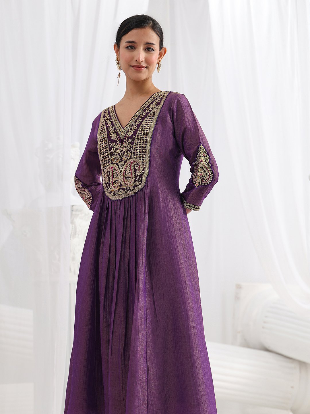 Purple Embroidered Silk Blend A-Line Kurta with Trousers and Dupatta Set