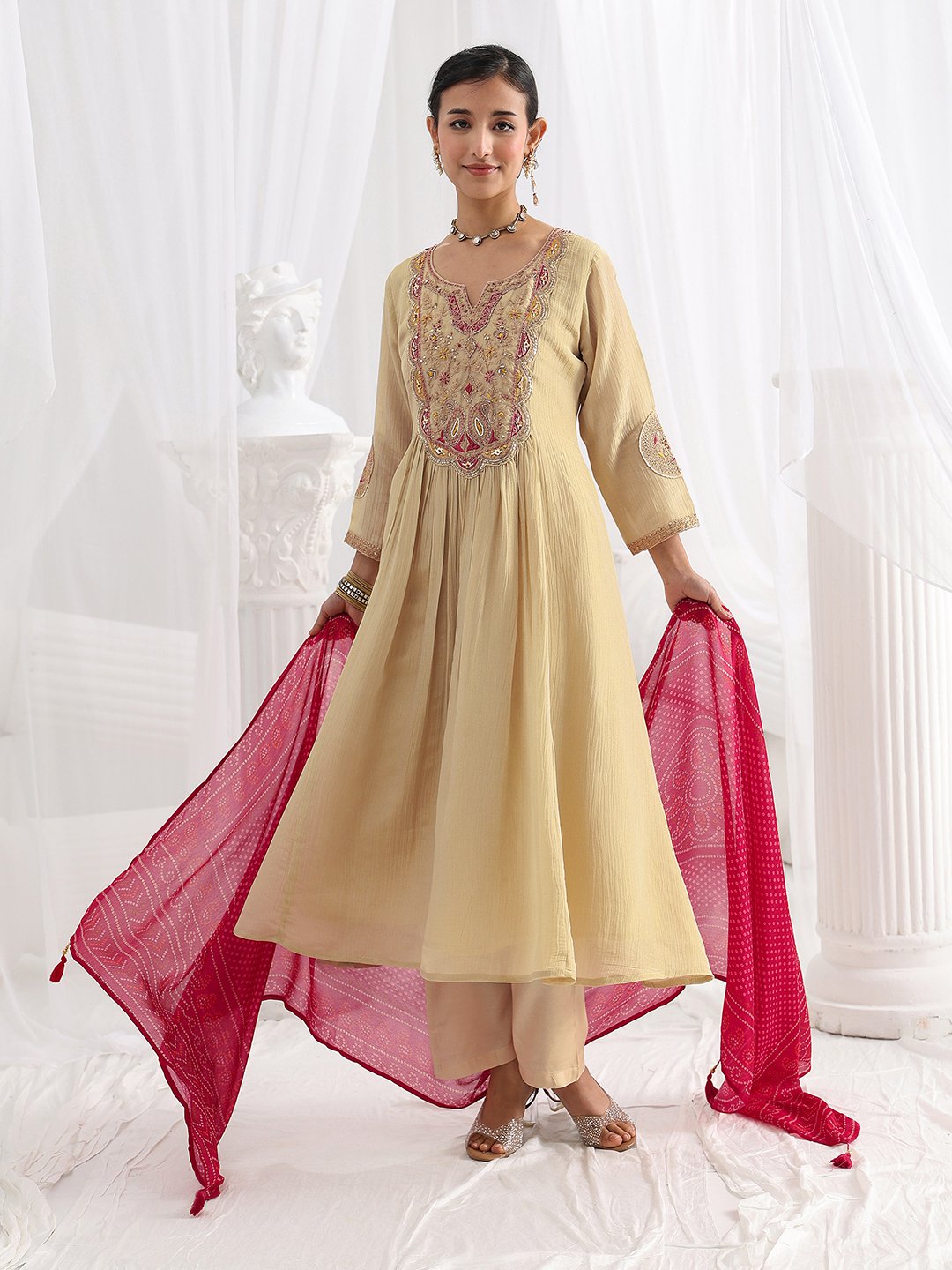 Beige Embroidered Silk Blend A-Line Kurta with Trousers and Dupatta Set