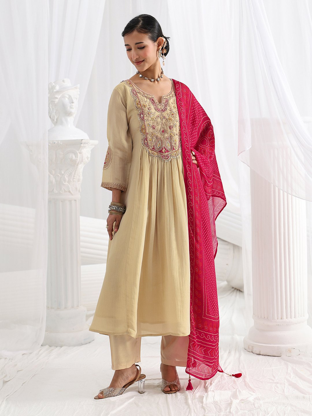 Beige Embroidered Silk Blend A-Line Kurta with Trousers and Dupatta Set