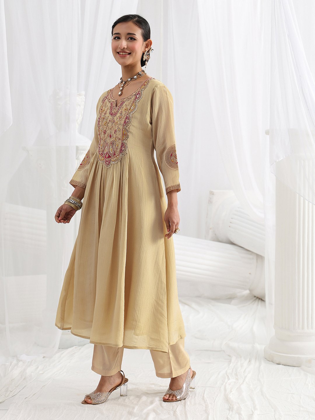 Beige Embroidered Silk Blend A-Line Kurta with Trousers and Dupatta Set