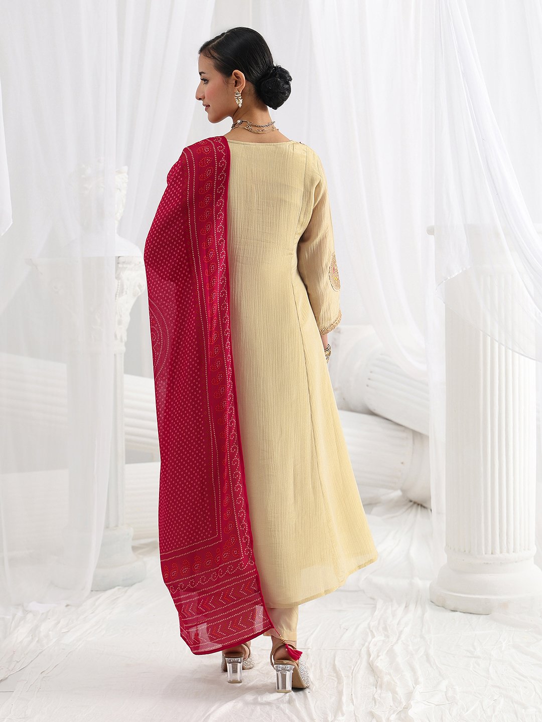 Beige Embroidered Silk Blend A-Line Kurta with Trousers and Dupatta Set