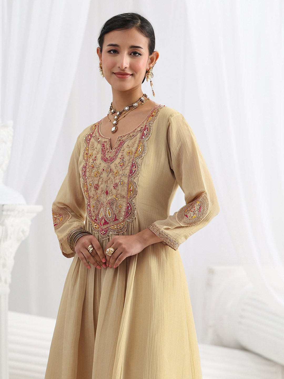 Beige Embroidered Silk Blend A-Line Kurta with Trousers and Dupatta Set