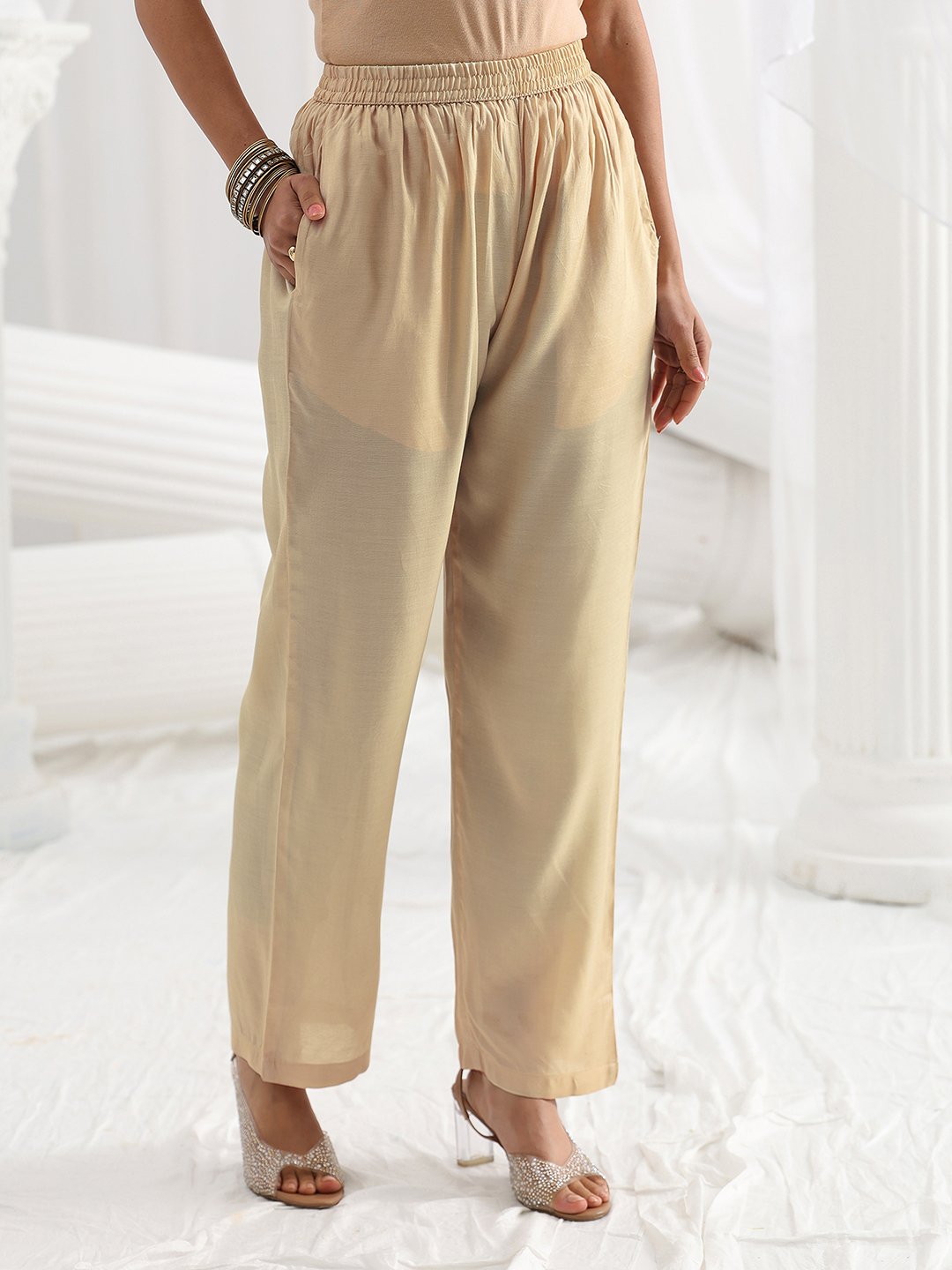 Beige Embroidered Silk Blend A-Line Kurta with Trousers and Dupatta Set