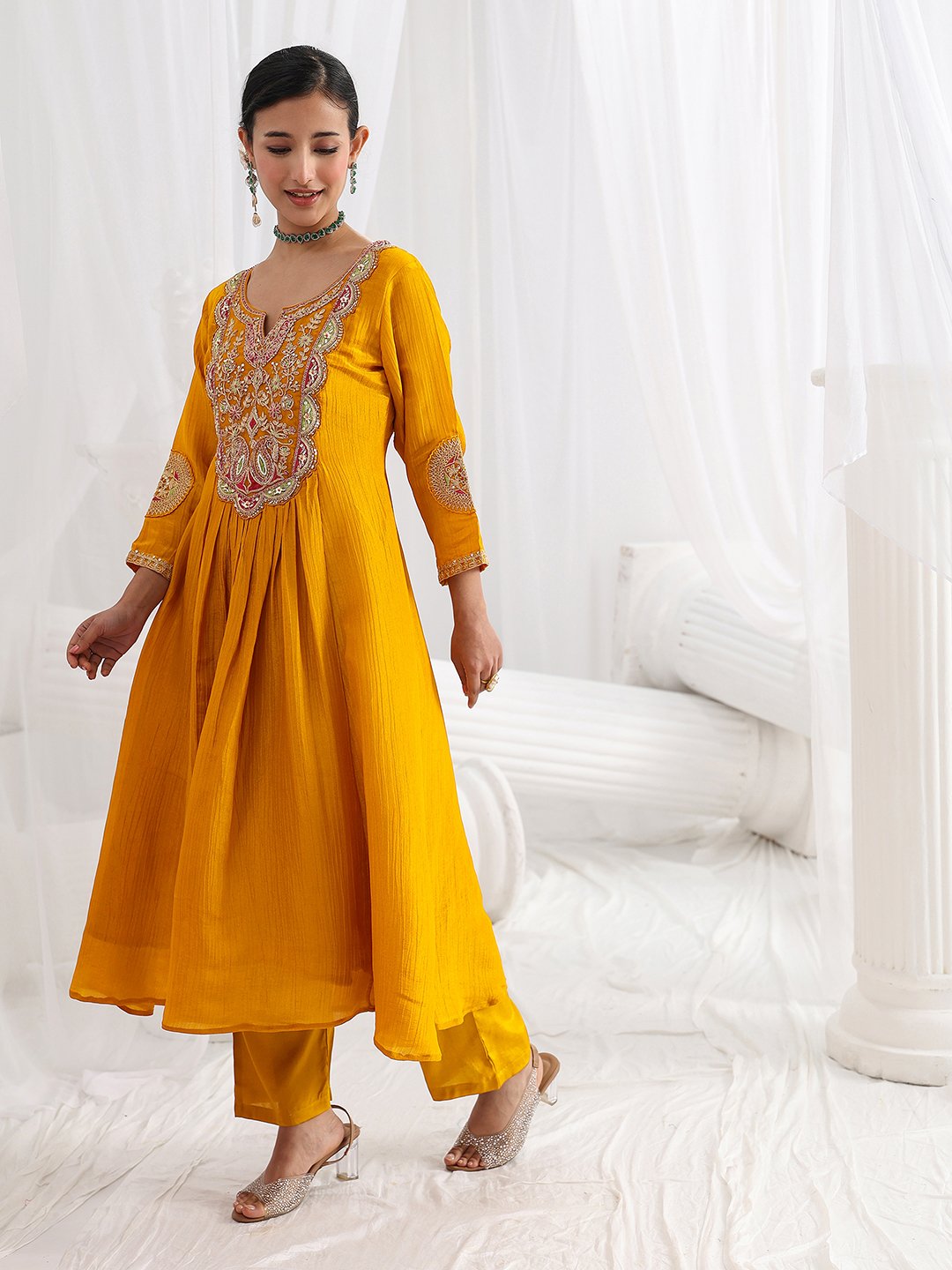 Mustard Embroidered Silk Blend A-Line Kurta with Trousers and Dupatta Set