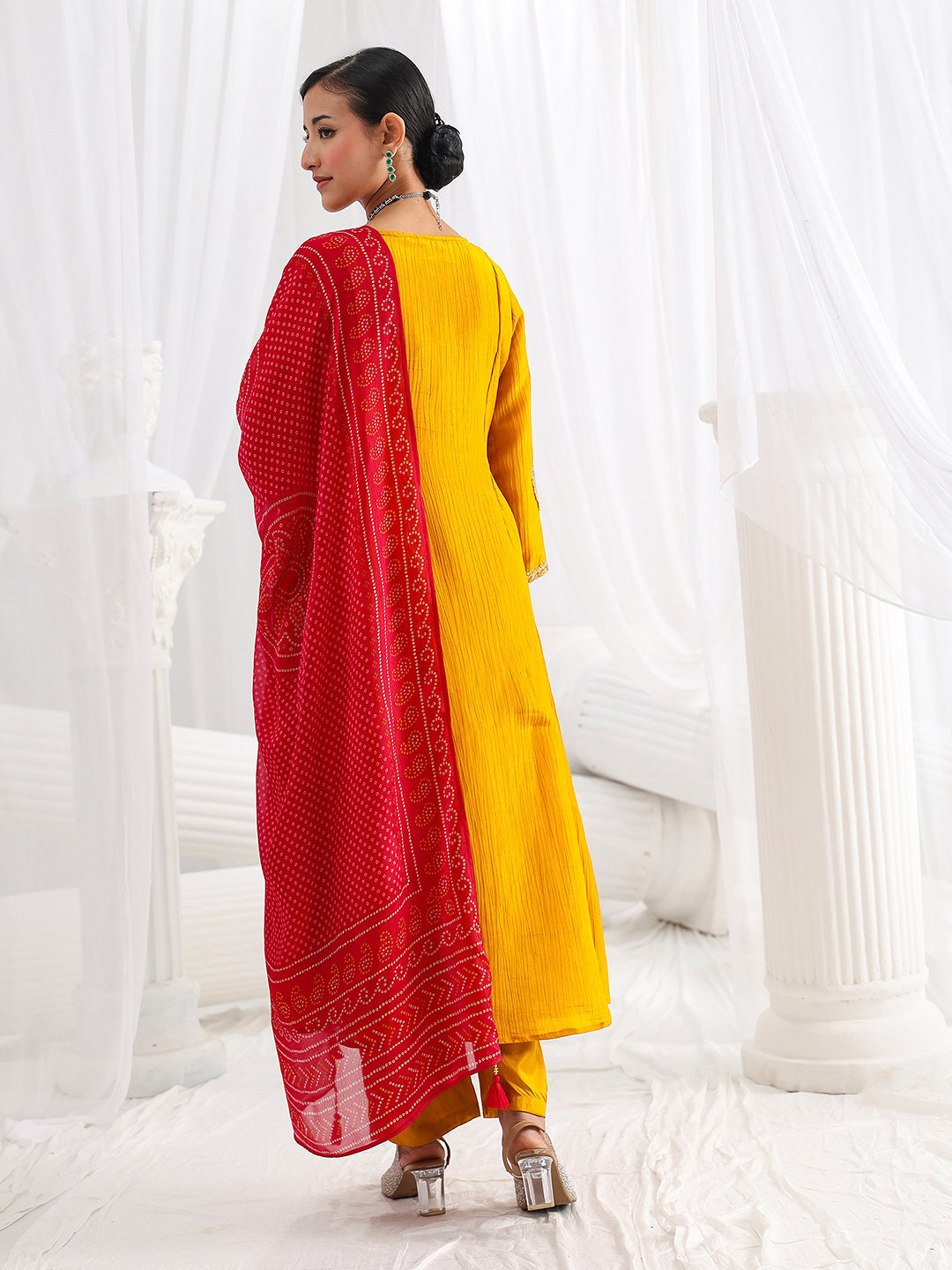 Mustard Embroidered Silk Blend A-Line Kurta with Trousers and Dupatta Set