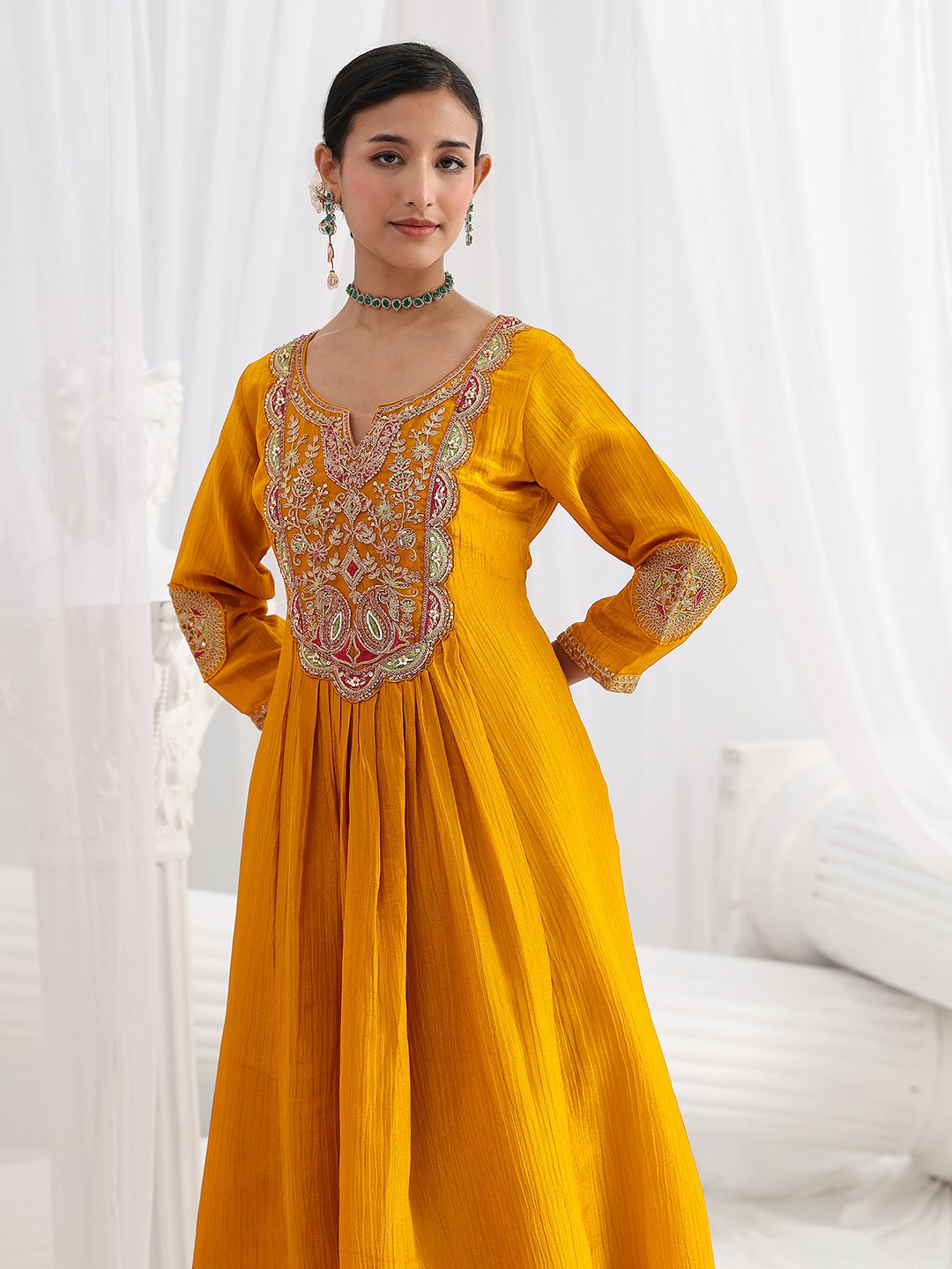 Mustard Embroidered Silk Blend A-Line Kurta with Trousers and Dupatta Set
