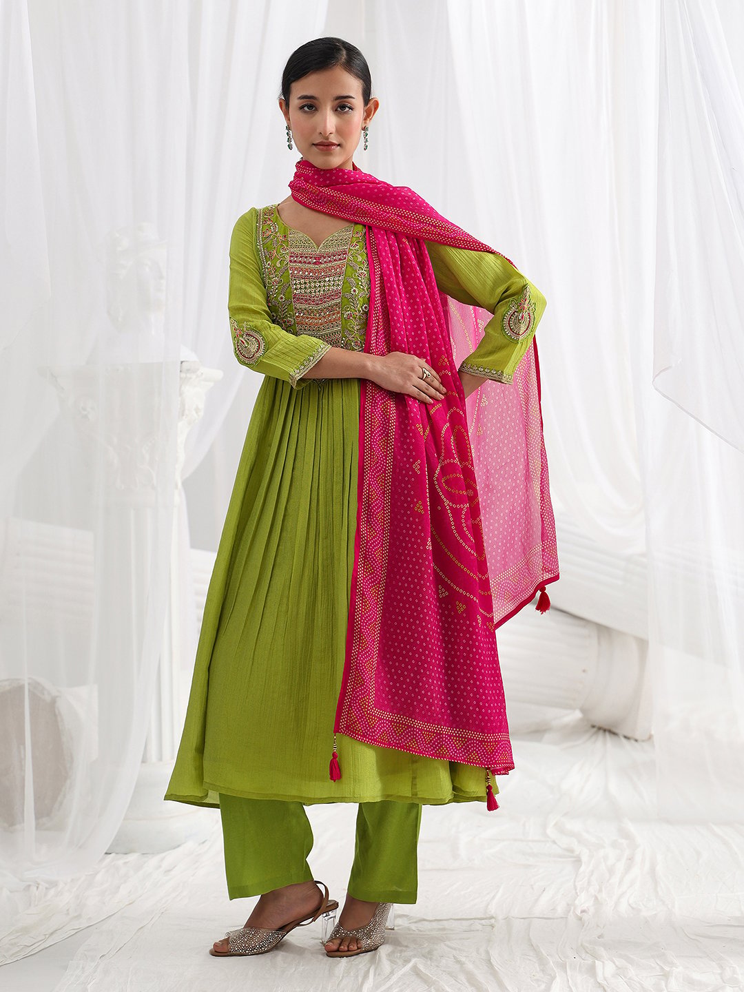Green Embroidered Silk Blend A-Line Kurta with Trousers and Dupatta Set