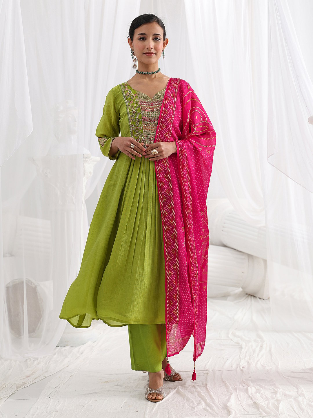 Green Embroidered Silk Blend A-Line Kurta with Trousers and Dupatta Set