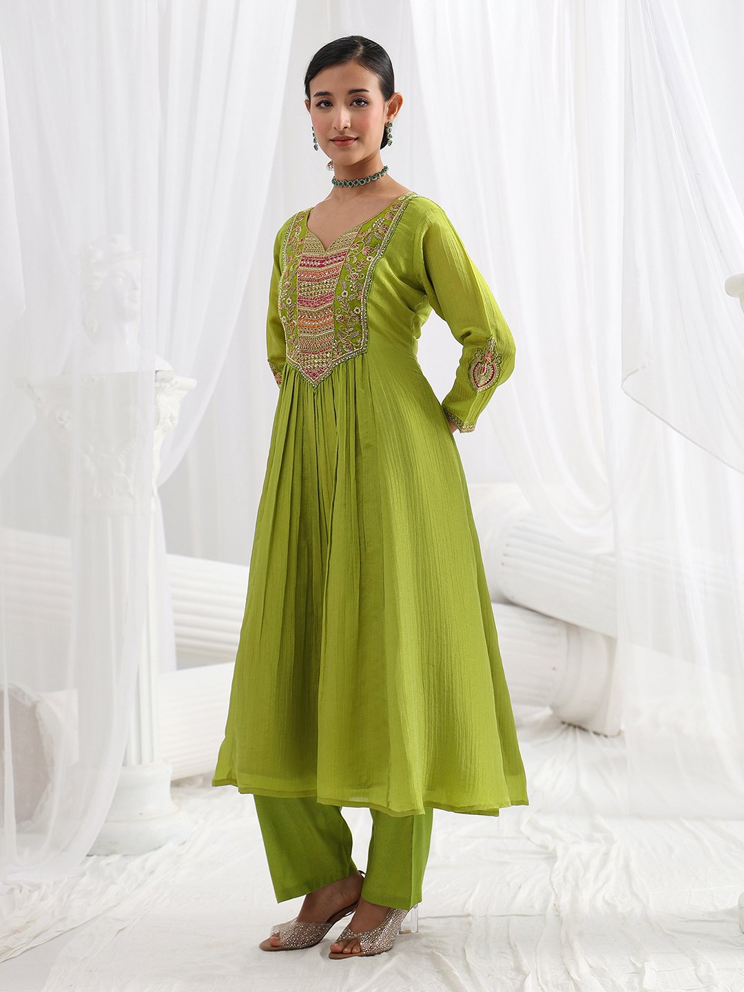 Green Embroidered Silk Blend A-Line Kurta with Trousers and Dupatta Set