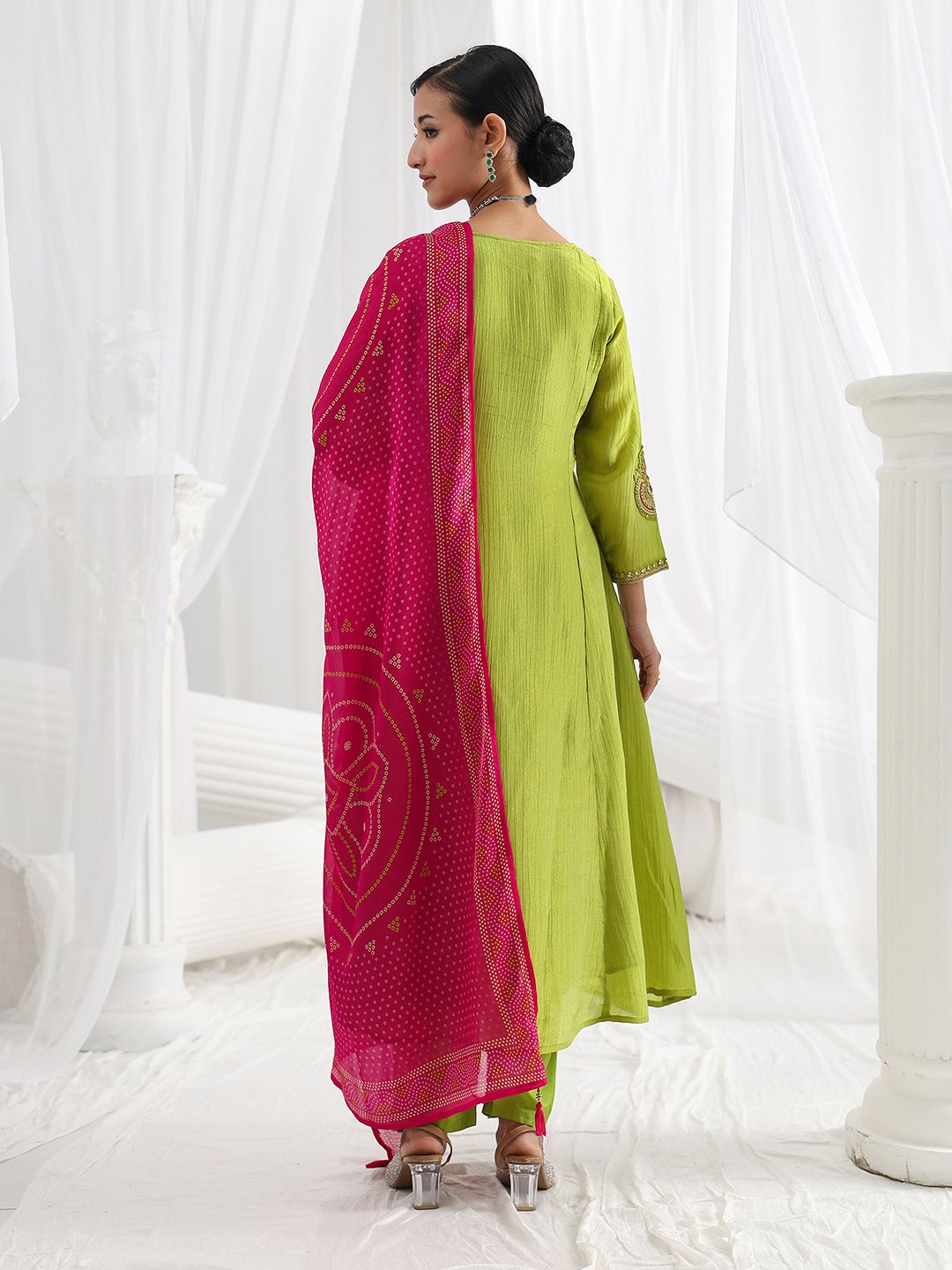 Green Embroidered Silk Blend A-Line Kurta with Trousers and Dupatta Set