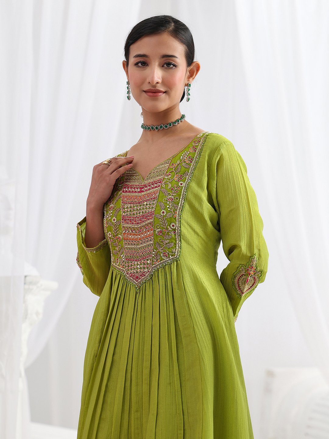 Green Embroidered Silk Blend A-Line Kurta with Trousers and Dupatta Set