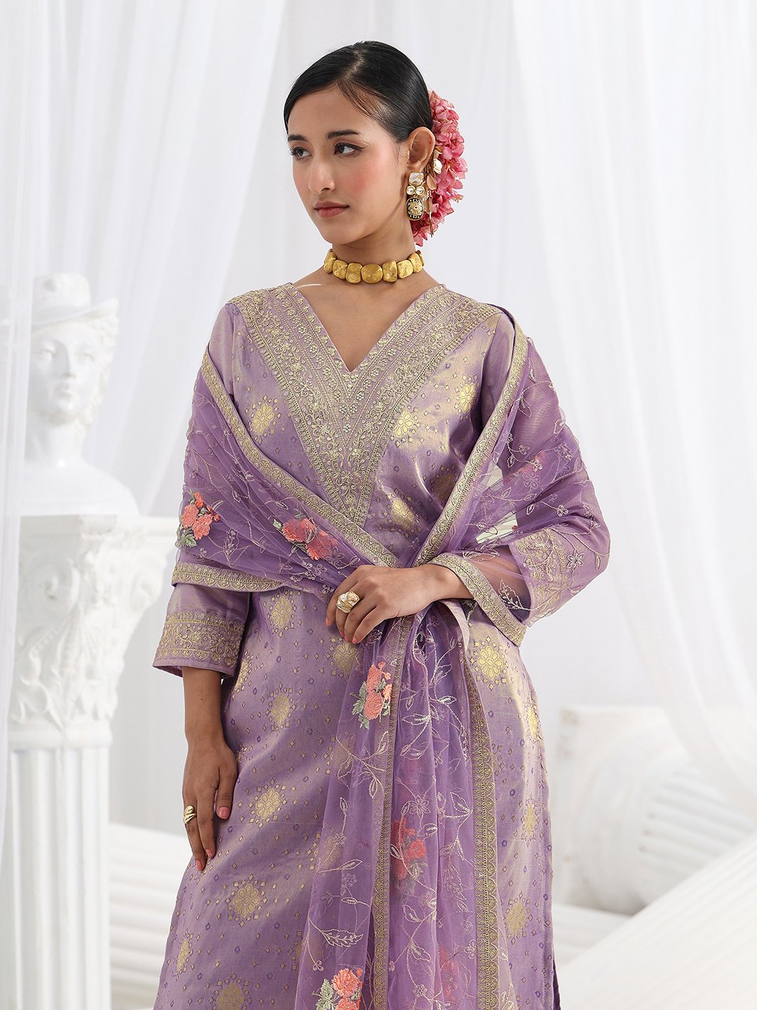 Lavender Silk Blend Straight Kurta with Trousers and Dupatta Set