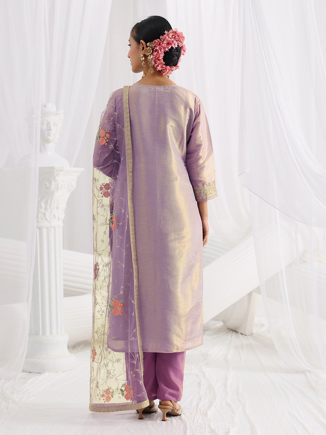 Lavender Silk Blend Straight Kurta with Trousers and Dupatta Set