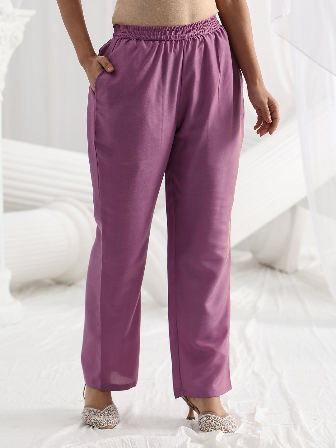 Lavender Silk Blend Straight Kurta with Trousers and Dupatta Set
