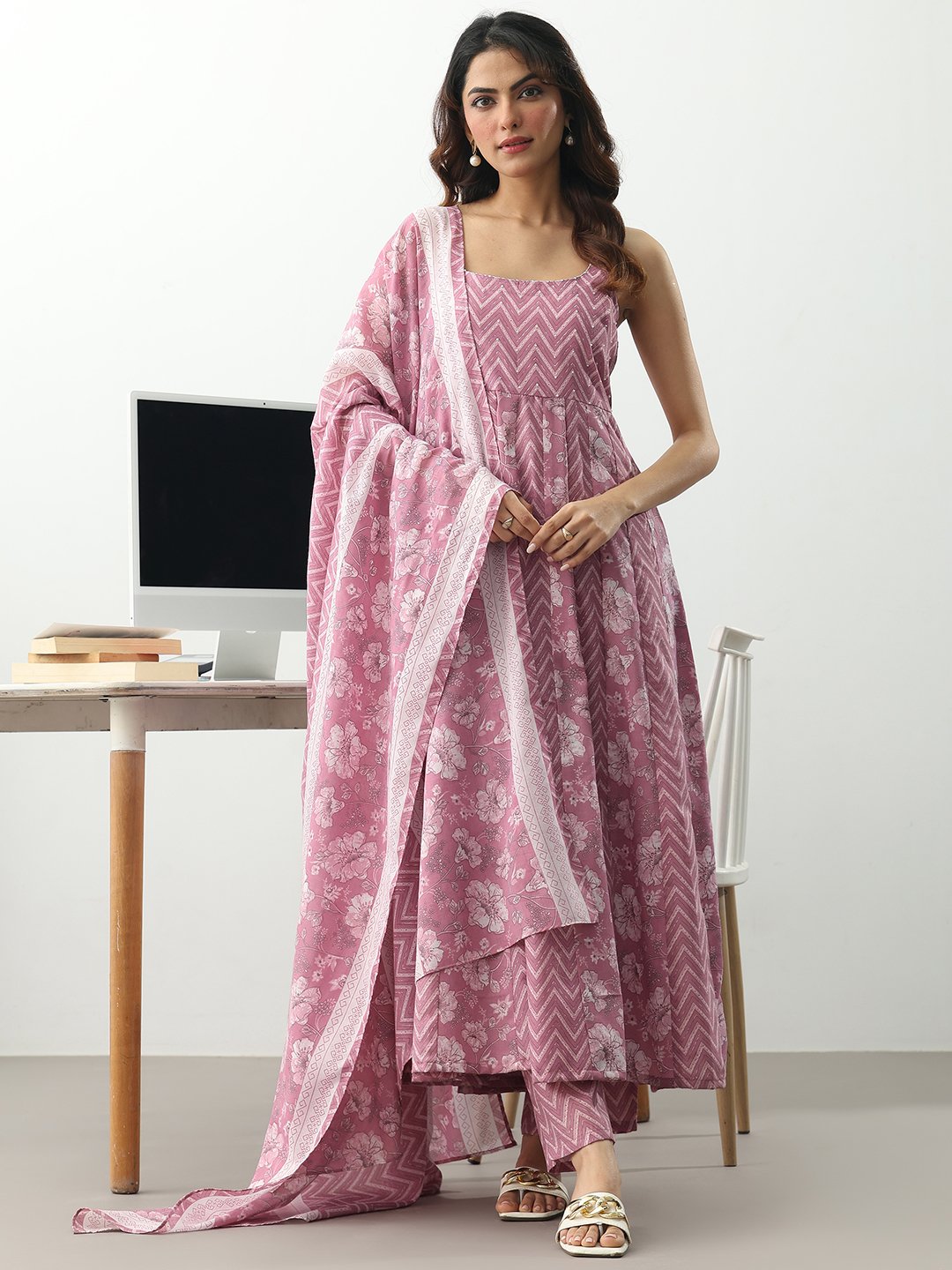 Mauve Printed Cotton Blend Anarkali Kurta with Trousers and Dupatta Set