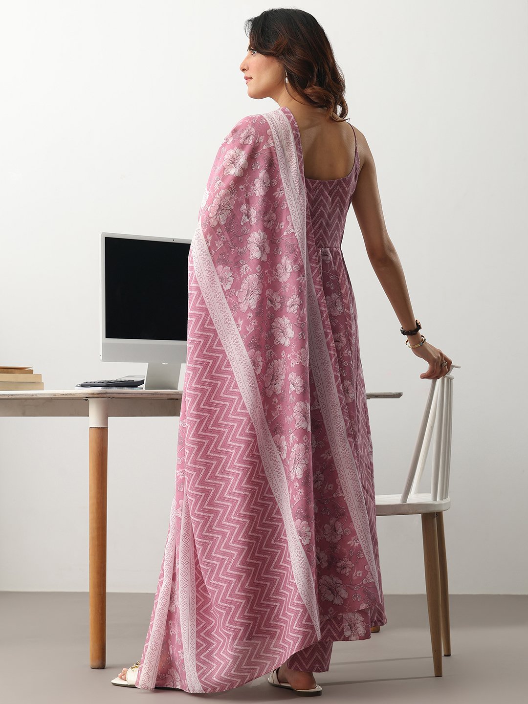 Mauve Printed Cotton Blend Anarkali Kurta with Trousers and Dupatta Set