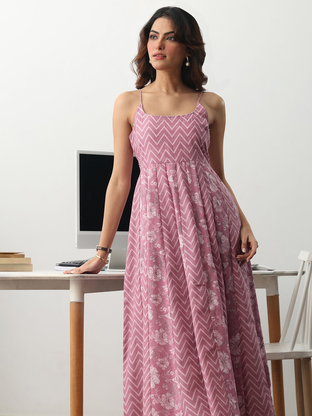 Mauve Printed Cotton Blend Anarkali Kurta with Trousers and Dupatta Set