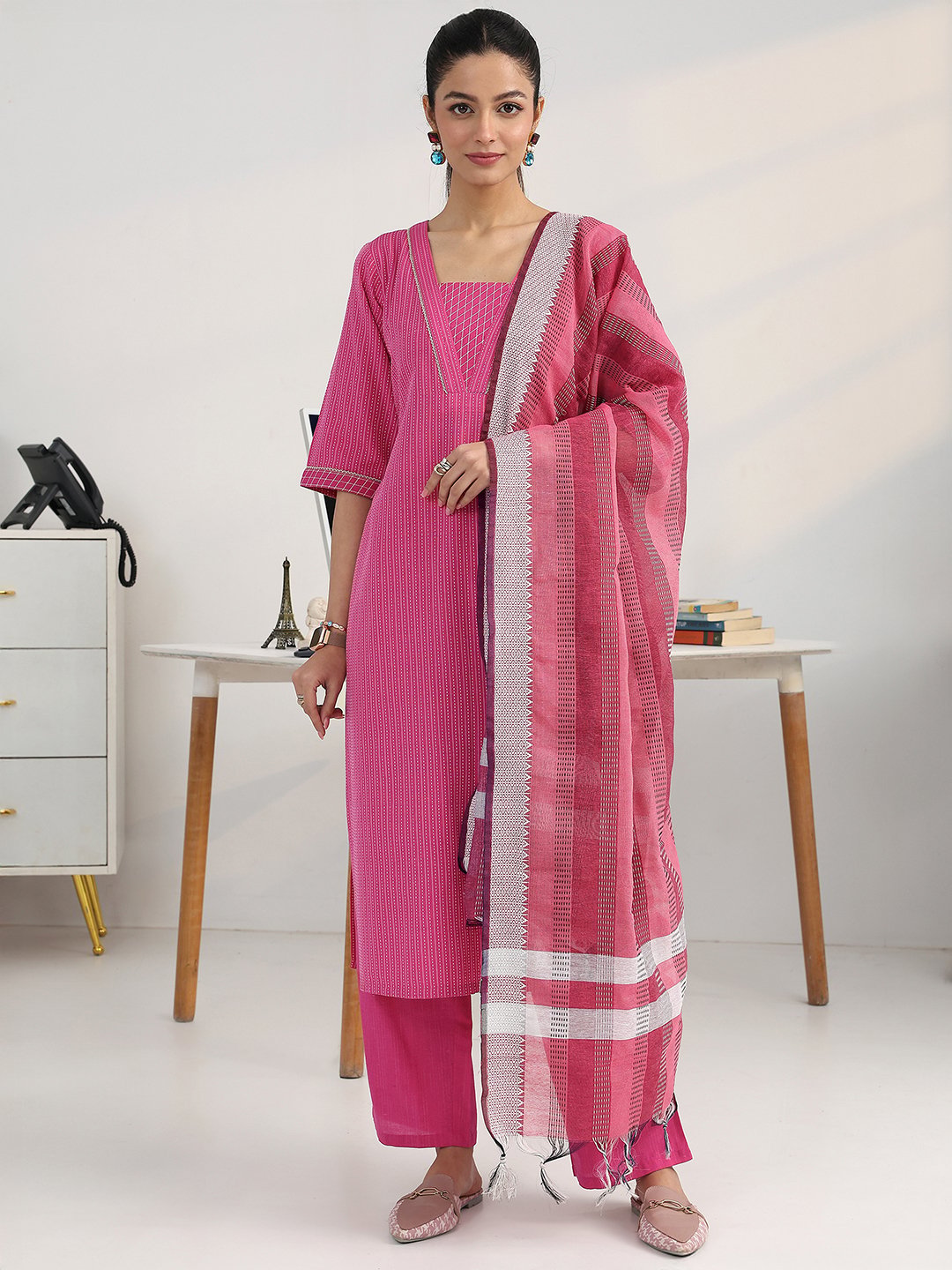 Pink Cotton Blend Straight Kurta with Salwar and Dupatta Set