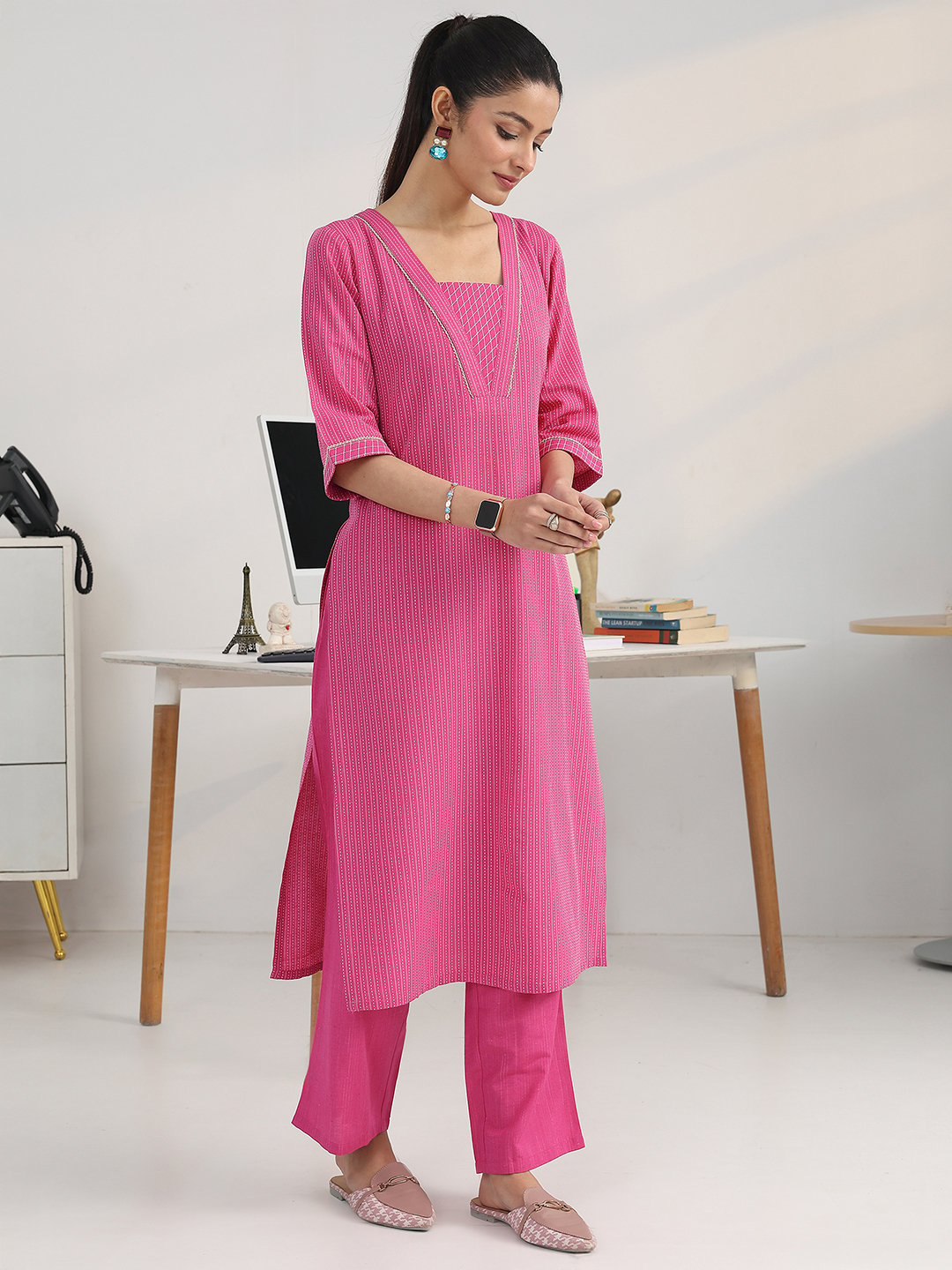Pink Cotton Blend Straight Kurta with Salwar and Dupatta Set