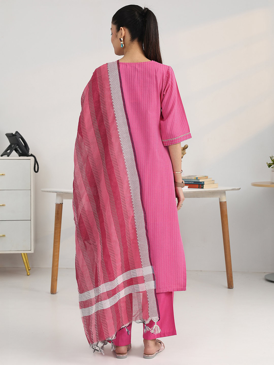 Pink Cotton Blend Straight Kurta with Salwar and Dupatta Set