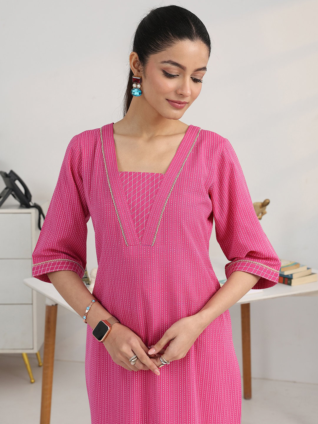 Pink Cotton Blend Straight Kurta with Salwar and Dupatta Set
