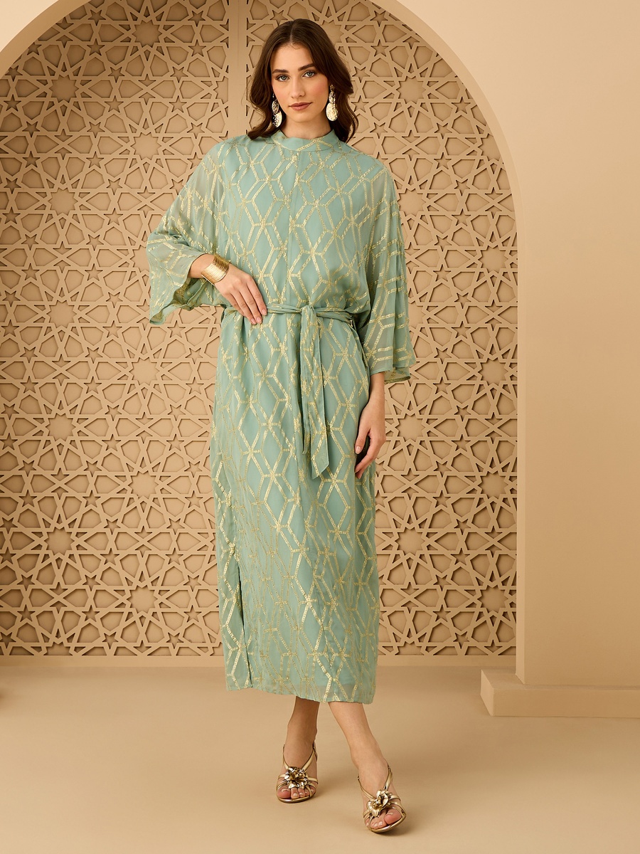 High Neck Belted Lurex Dress
