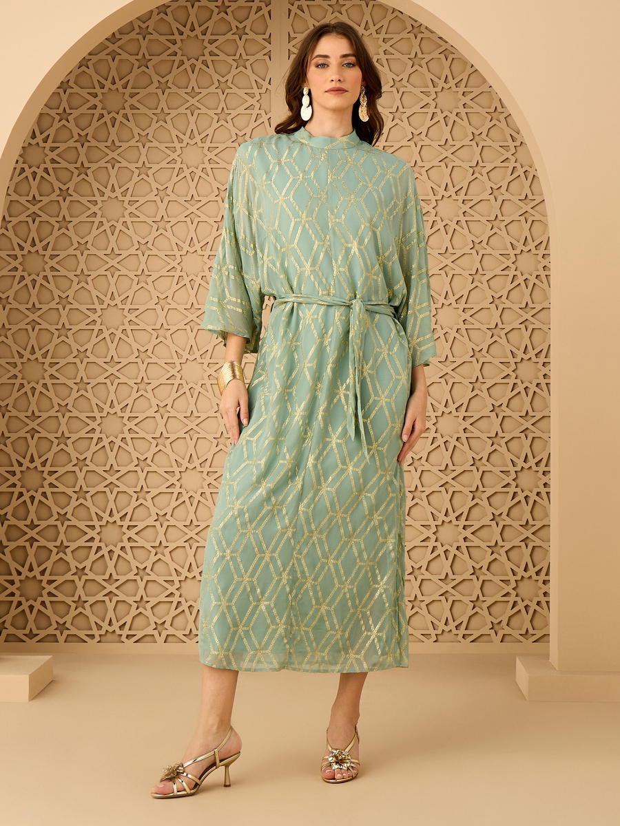 High Neck Belted Lurex Dress