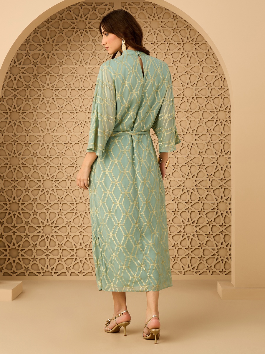 High Neck Belted Lurex Dress